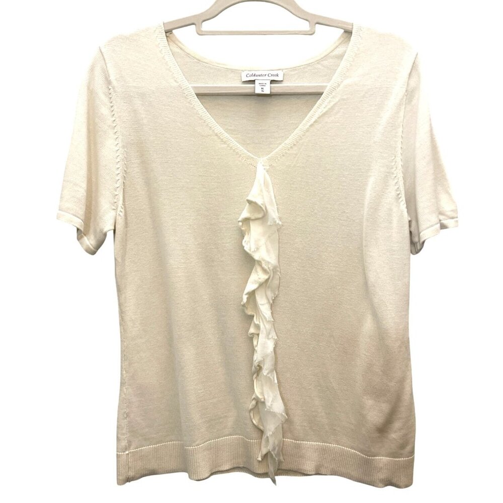 Coldwater Creek Ivory V-Neck Knit Top With Ruffle Detail Short Sleeve XL Silk